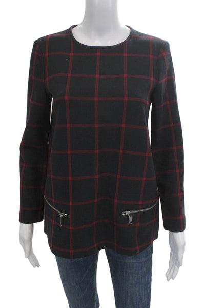 Zara Woman Women Tunic Blouse Plaid Dark Blue Round Neck Long Sleeve Zip Size S