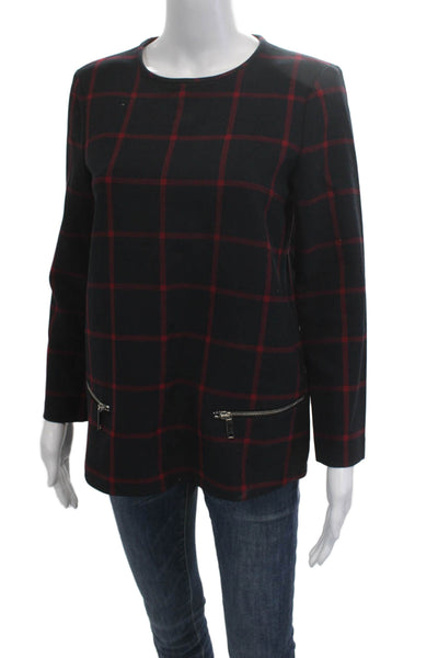 Zara Woman Women Tunic Blouse Plaid Dark Blue Round Neck Long Sleeve Zip Size S