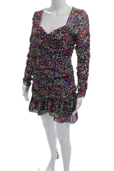 Zara Womens Bodycon Mini Dress Black Floral Square Neck Long Sleeve Size S