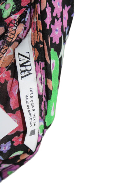 Zara Womens Bodycon Mini Dress Black Floral Square Neck Long Sleeve Size S
