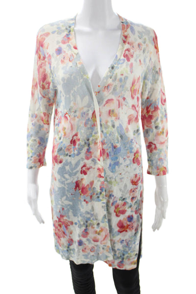 J Jill Unisex Cardigan Floral Multi Color V Neck 3/4 Sleeve Button Size S