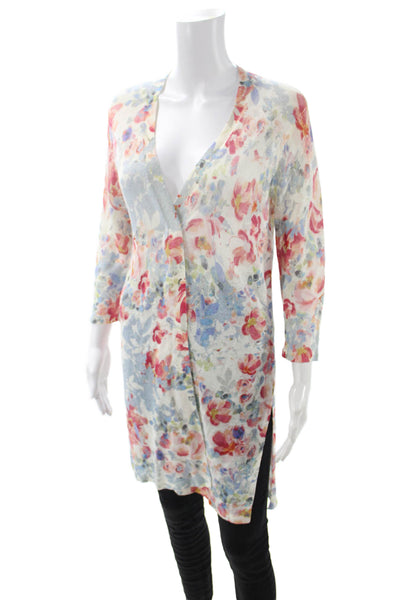 J Jill Unisex Cardigan Floral Multi Color V Neck 3/4 Sleeve Button Size S