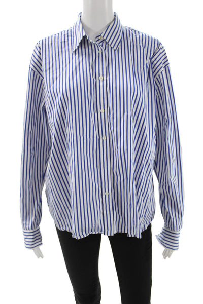 Lauren Ralph Lauren Women Blue Striped Cotton Collared Button-Up Top Size 10