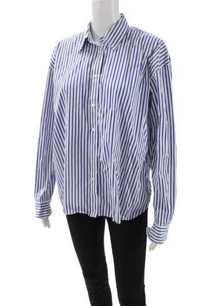 Lauren Ralph Lauren Women Blue Striped Cotton Collared Button-Up Top Size 10