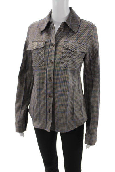 Who What Wear Womens Brown Checked Collared Button Jacket Long Sleeve Size S