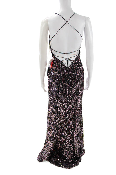 Ieena for MacDuggal Women Maxi Slip Dress Black Square Neck Lace Up Size 6