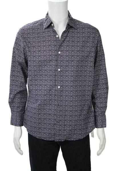 Saks Fifth Avenue Mens Floral Print Button Down Shirt Purple Blue Size Large