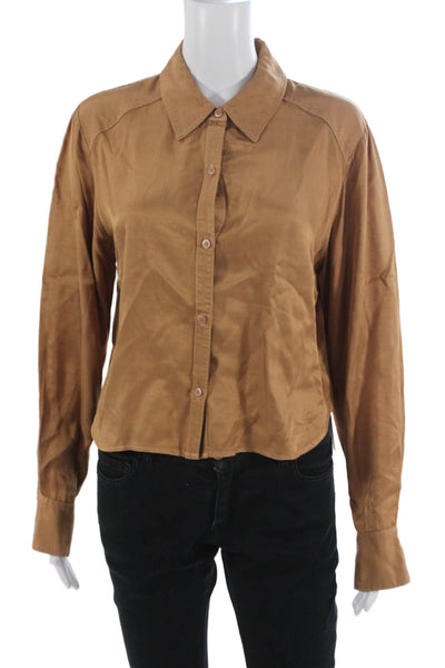Stateside Womens Brown Collared Viscose Button-Up Long Sleeve Top Size M