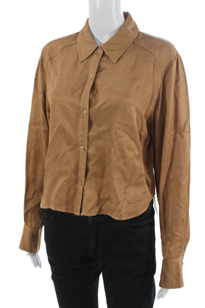 Stateside Womens Brown Collared Viscose Button-Up Long Sleeve Top Size M