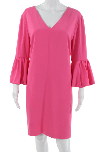 Trina Turk Womens Pink V-Neck Shift Dress 3/4 Sleeve Hook & Eye Size 14