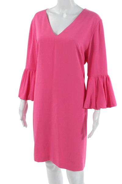 Trina Turk Womens Pink V-Neck Shift Dress 3/4 Sleeve Hook & Eye Size 14