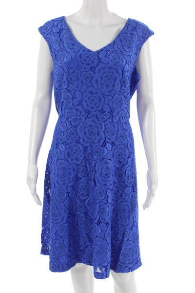Ellen Tracy Women A-Line Fit & Flare Dress Blue Floral V-Neck Knee Size 16