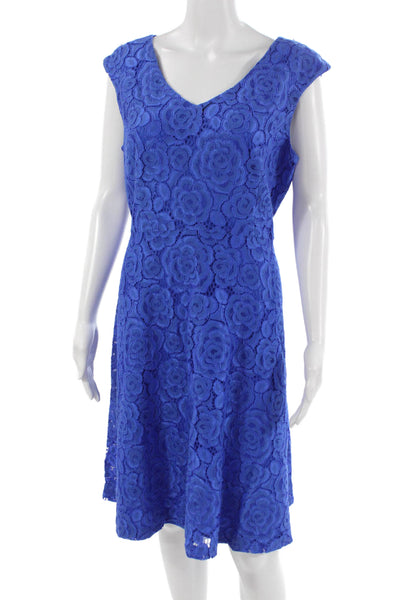 Ellen Tracy Women A-Line Fit & Flare Dress Blue Floral V-Neck Knee Size 16