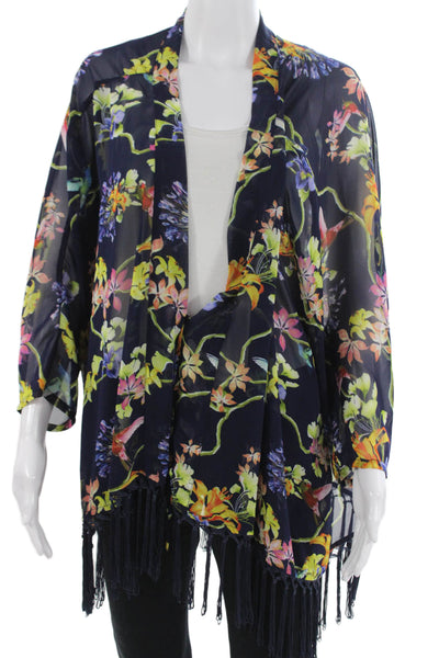 Carmen Carmen Marc Valvo Women Floral Dark Blue 3/4 Sleeve Top Size L
