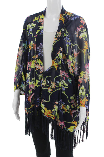 Carmen Carmen Marc Valvo Women Floral Dark Blue 3/4 Sleeve Top Size L