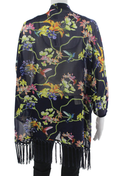 Carmen Carmen Marc Valvo Women Floral Dark Blue 3/4 Sleeve Top Size L