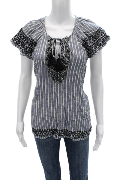 Parker Womens Bohemian Striped Linen Tunic Blouse Black Short Sleeve Size S