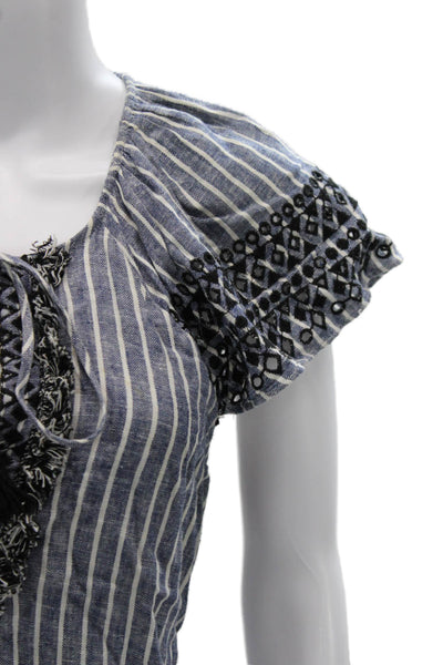 Parker Womens Bohemian Striped Linen Tunic Blouse Black Short Sleeve Size S