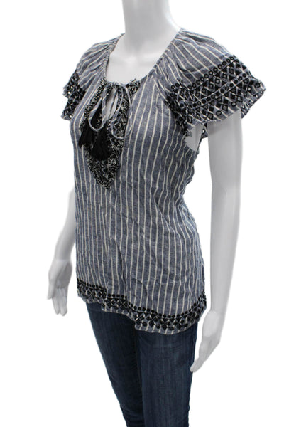 Parker Womens Bohemian Striped Linen Tunic Blouse Black Short Sleeve Size S
