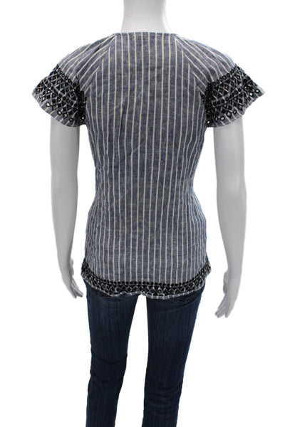 Parker Womens Bohemian Striped Linen Tunic Blouse Black Short Sleeve Size S