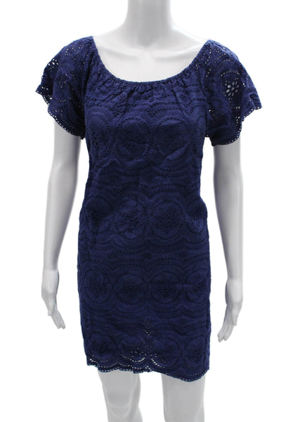 Joie Women Shift Dress Dark Blue 100% Cotton Geometric Short Sleeve Size M
