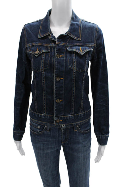 Earl Jean Women Collared Button Dark Blue Cotton 90s Jacket Long Sleeve Size S