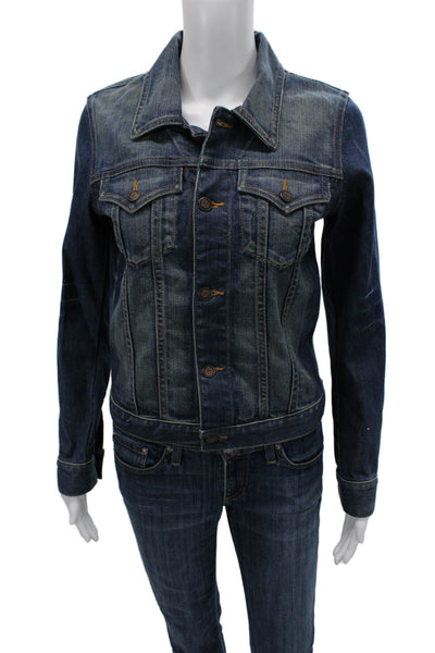 Earl Jean Women Dark Blue Collared Button Jacket Long Sleeve 90s Size S