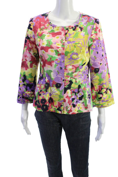 Elie Tahari Women Green Floral Button Round Neck 3/4 Sleeve Blouse Size 8