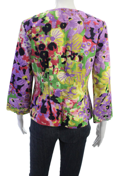 Elie Tahari Women Green Floral Button Round Neck 3/4 Sleeve Blouse Size 8