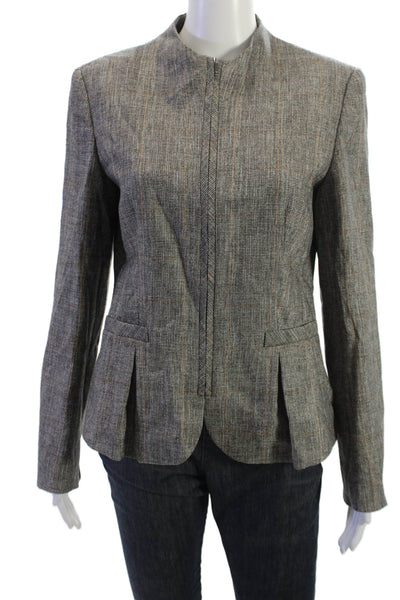 Escada Women Gray Checked Virgin Wool Blend Blazer High Neck Zip Size 38
