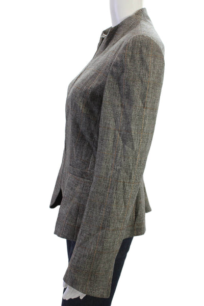 Escada Women Gray Checked Virgin Wool Blend Blazer High Neck Zip Size 38