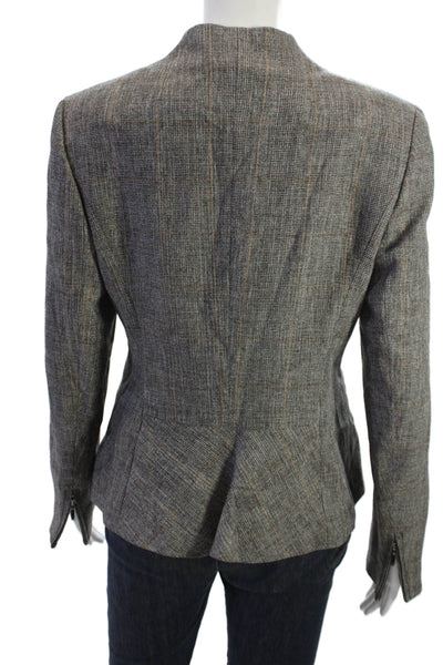 Escada Women Gray Checked Virgin Wool Blend Blazer High Neck Zip Size 38