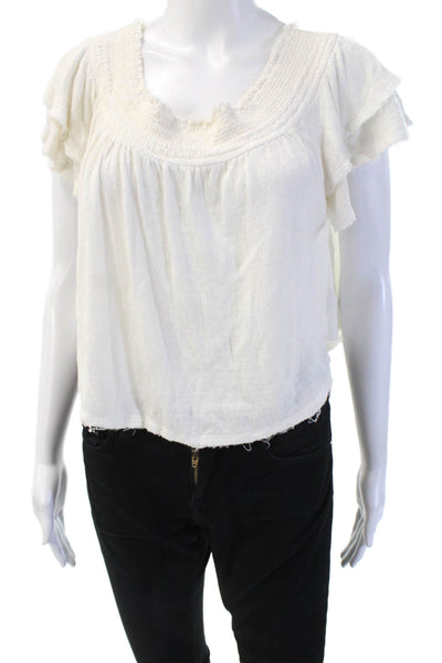 Free People Womens Cropped Boho White Short Sleeve Blouse Round Neck Size S