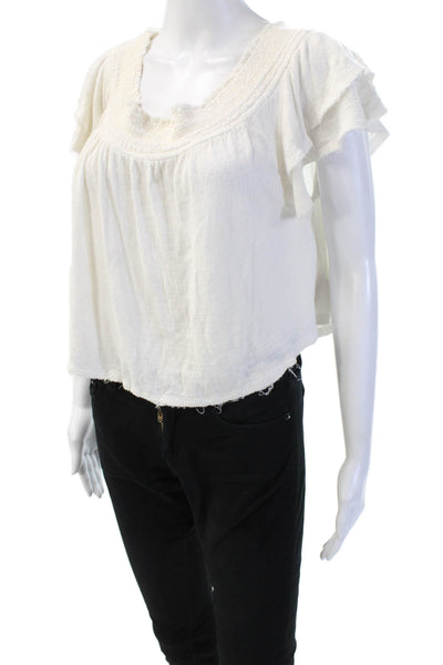 Free People Womens Cropped Boho White Short Sleeve Blouse Round Neck Size S
