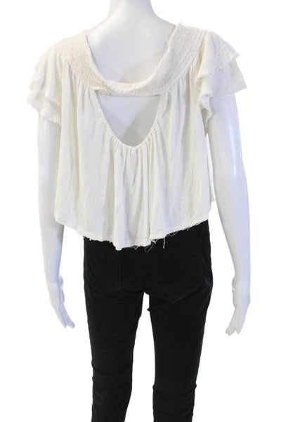 Free People Womens Cropped Boho White Short Sleeve Blouse Round Neck Size S