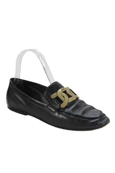 Tods Womens Leather Gold Tone Slide On Loafers Black Size 36 6