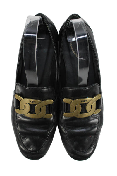 Tods Womens Leather Gold Tone Slide On Loafers Black Size 36 6