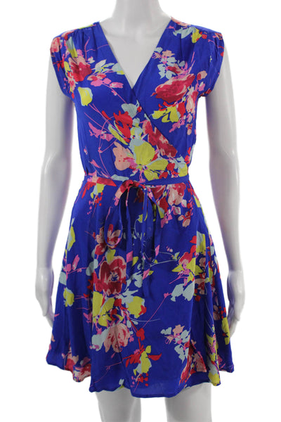 Yumi Kim Women Blue Floral Wrap Fit Flare V-Neck Knee Length Dress Size XS