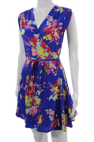 Yumi Kim Women Blue Floral Wrap Fit Flare V-Neck Knee Length Dress Size XS