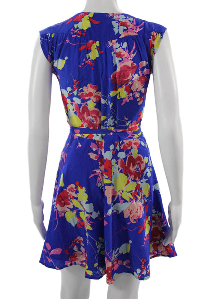 Yumi Kim Women Blue Floral Wrap Fit Flare V-Neck Knee Length Dress Size XS