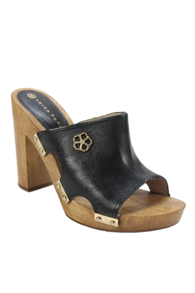 Trina Turk Womens Leather Gold Tone Slide On Sandal Heels Black Size 6.5 Medium