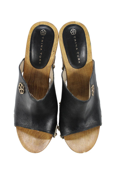 Trina Turk Womens Leather Gold Tone Slide On Sandal Heels Black Size 6.5 Medium