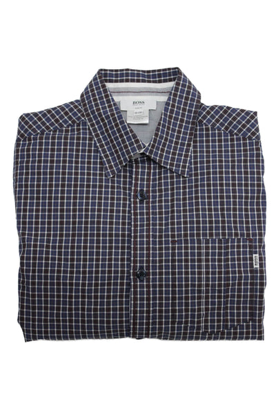 Boss Hugo Boss Childrens Boys Plaid Button Down Shirt Blue Brown Size 10
