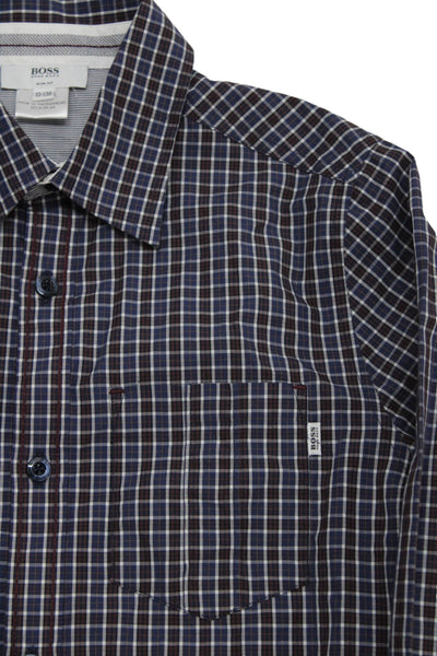 Boss Hugo Boss Childrens Boys Plaid Button Down Shirt Blue Brown Size 10