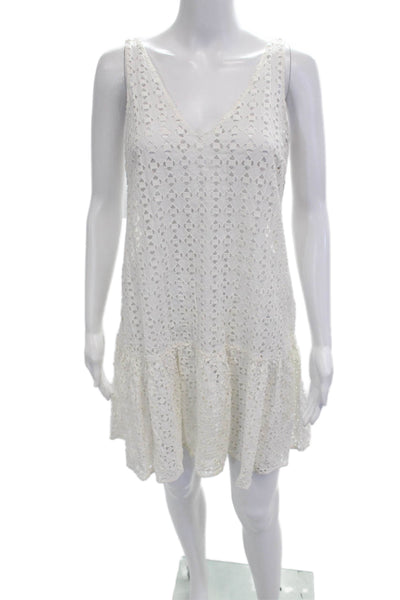 Tibi Women White Geometric V-Neck Shift Dress Cotton Blend Short Size 2
