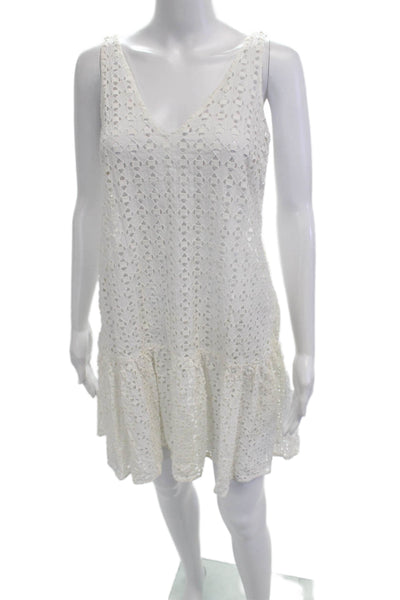 Tibi Women White Geometric V-Neck Shift Dress Cotton Blend Short Size 2