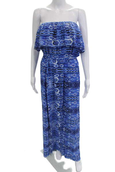 Love Ady Women Strapless Geometric Blue Jumpsuit Long Rayon Size L