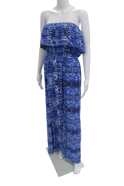Love Ady Women Strapless Geometric Blue Jumpsuit Long Rayon Size L