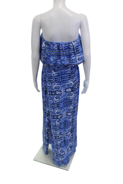 Love Ady Women Strapless Geometric Blue Jumpsuit Long Rayon Size L