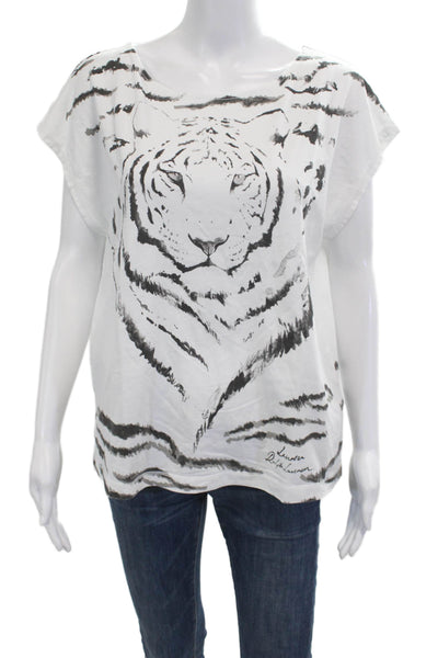 Lauren by Ralph Lauren Womens Basic Animal Print White T-Shirt Cotton Size L